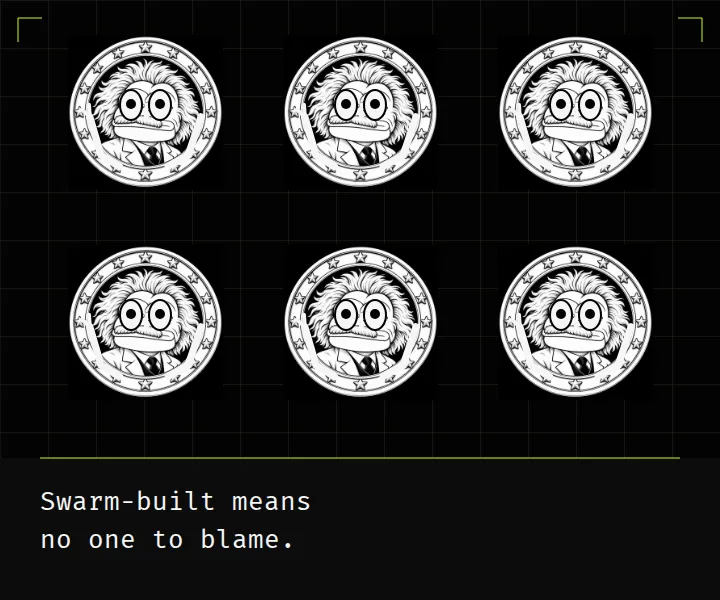 A grid of wide-eyed medallions, each with both hands raised innocently